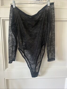 Black Lace Long-Sleeve Off-the-Shoulders Bodysuit